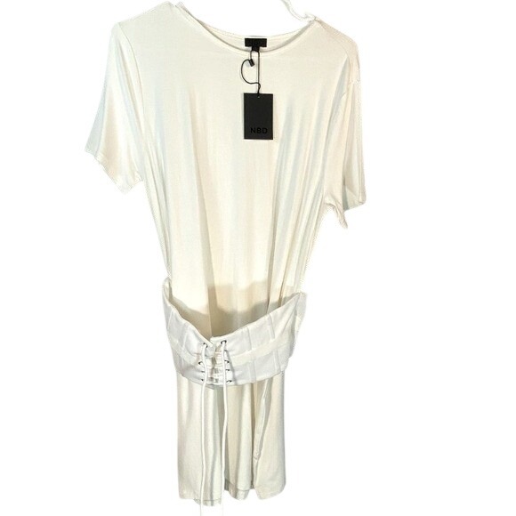 NBD Corset T-Shirt Mini Dress White Lace Up Waist Short Sleeve Crew Neck Size S - Picture 2 of 5